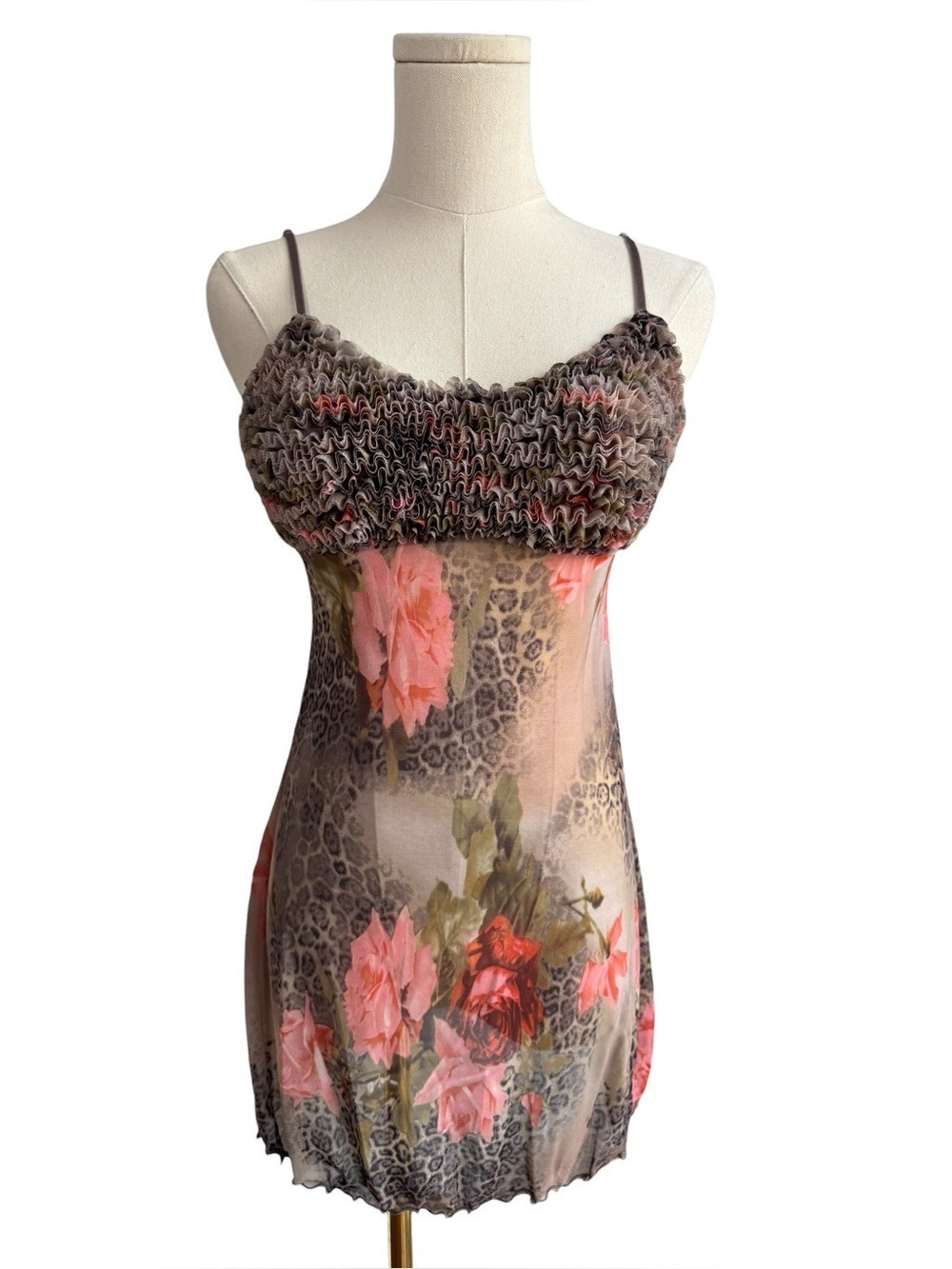 Y2K La Senza Mesh Leopard Floral Slip Dress Medium Lingerie Nightie Sheer Sexy